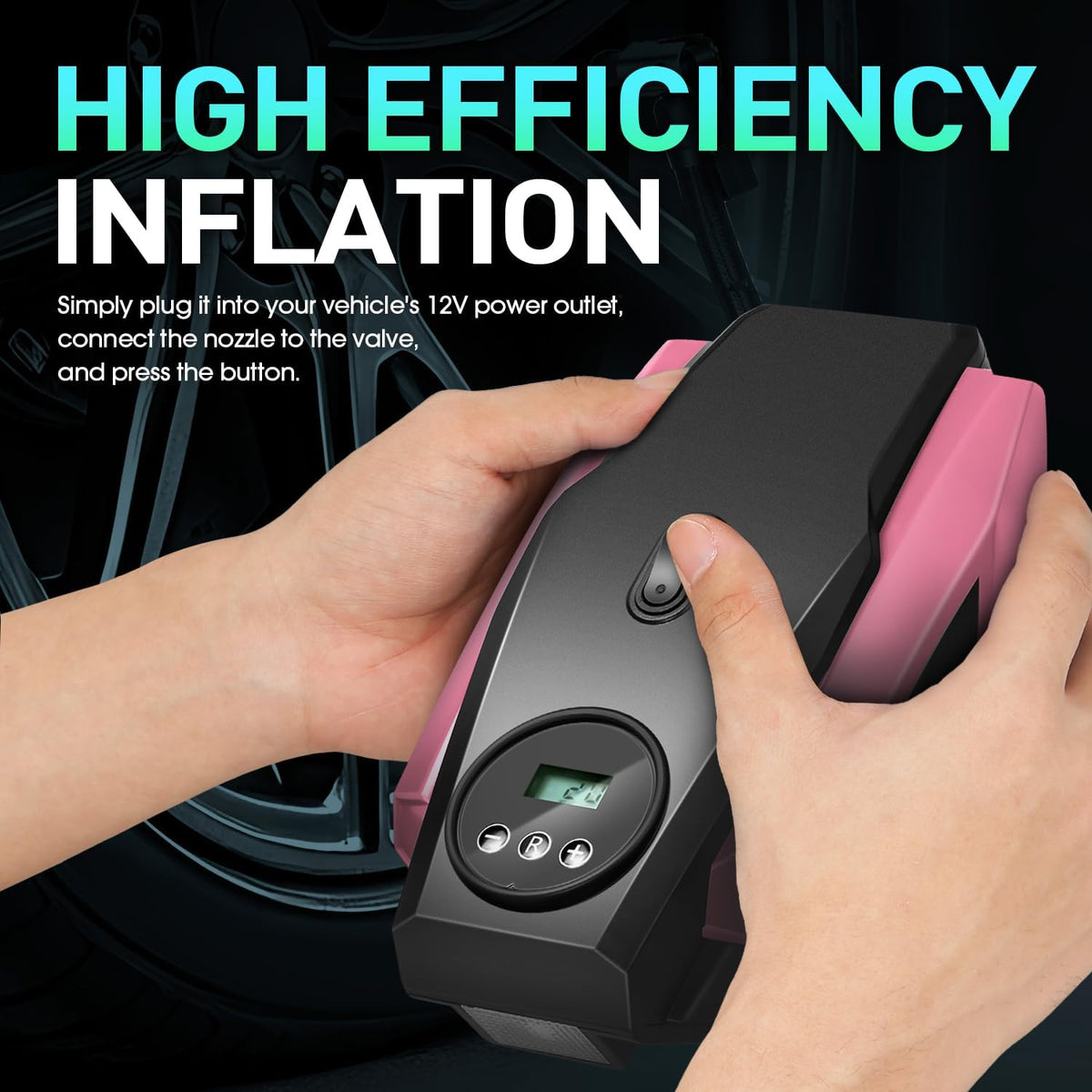 DNA MOTORING Tire Inflator Portable Air Compressor, 12V DC Air Pump for Car Tires, Bike, Motorcycle, Ball, Electric Bike Tire Pump with Pressure Gauge, LED Light, Auto Shut Off, Pink, TOOLS-00679-PK
