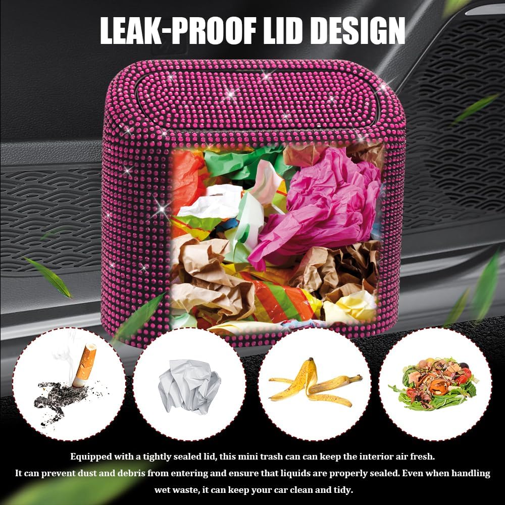 Bling Car Trash Can with Lid, Sparkly Rhinestone Auto Hanging Dustbin, Leakproof Plastic Auto Flip-Top Trash Bin, Bling Litter Container Organizer Box for Car, Home, Office and More (Pink)