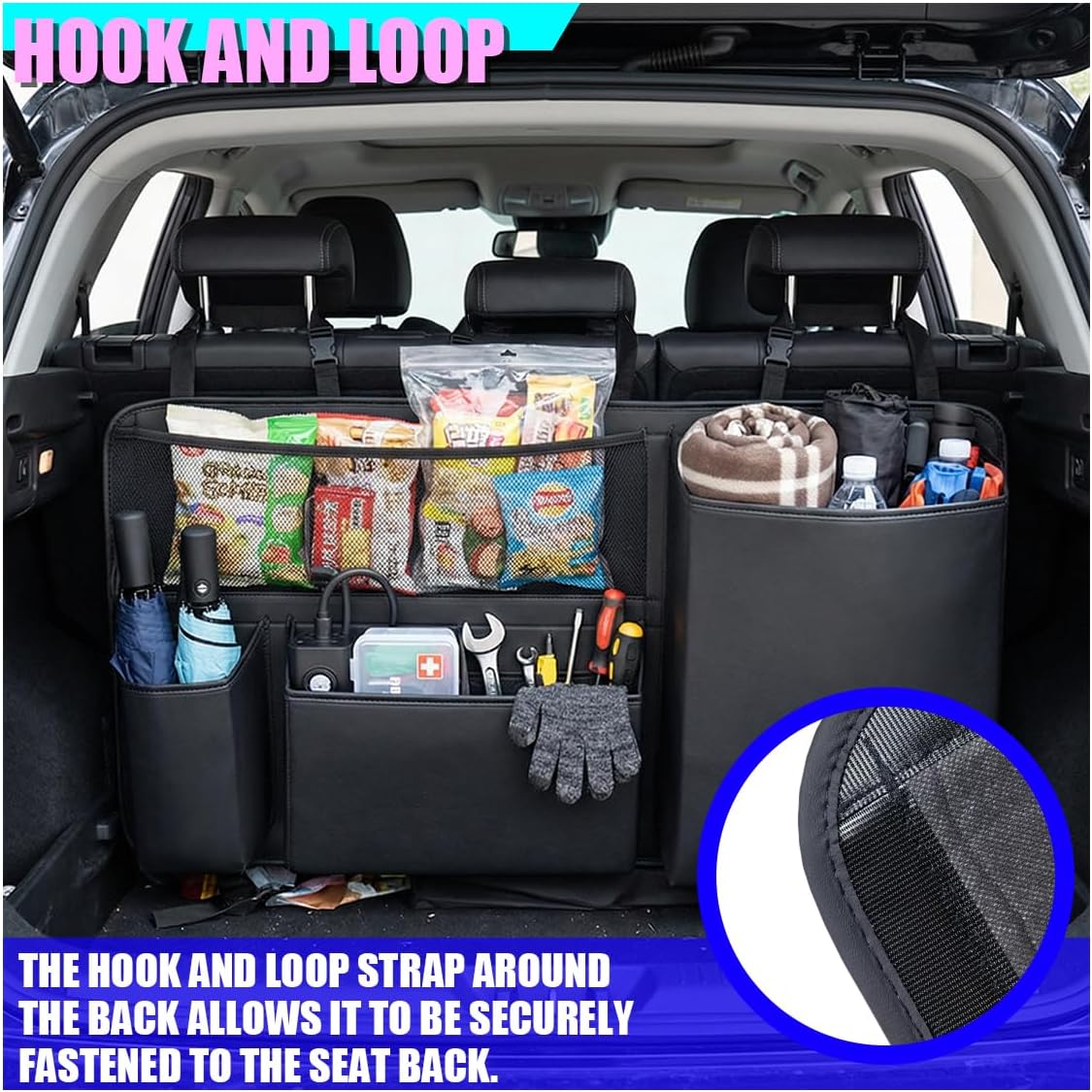Leather Car Trunk Organizer, 35'' × 17'' Auto Backseat Hanging Storage Bag with 1 Mesh Pocket & 3 Pockets, Foldable Vehicle Travel Organizer Accessories for Sedan, SUV, Truck, MPV (Black)