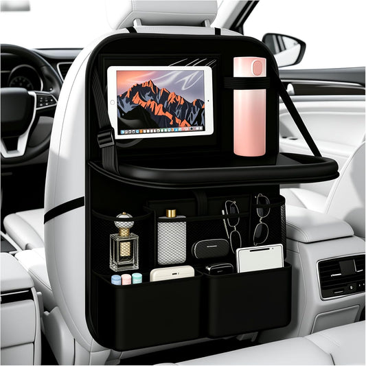 2026 New Backseat Car Organizer,Multifunctional Back Seat Car Organizer with Foldable Table Trays,Hanging Cars Seats Backs Organizers as Kick Mats Back Seat Protector