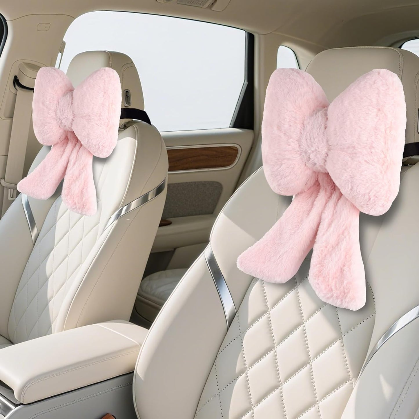 Bow Car Headrest Pillows Plush Car Neck Pillows for Travel Driving Office Chair Head Support Cushions, Also Cute Car Decor Accessories (2PCS Grey)