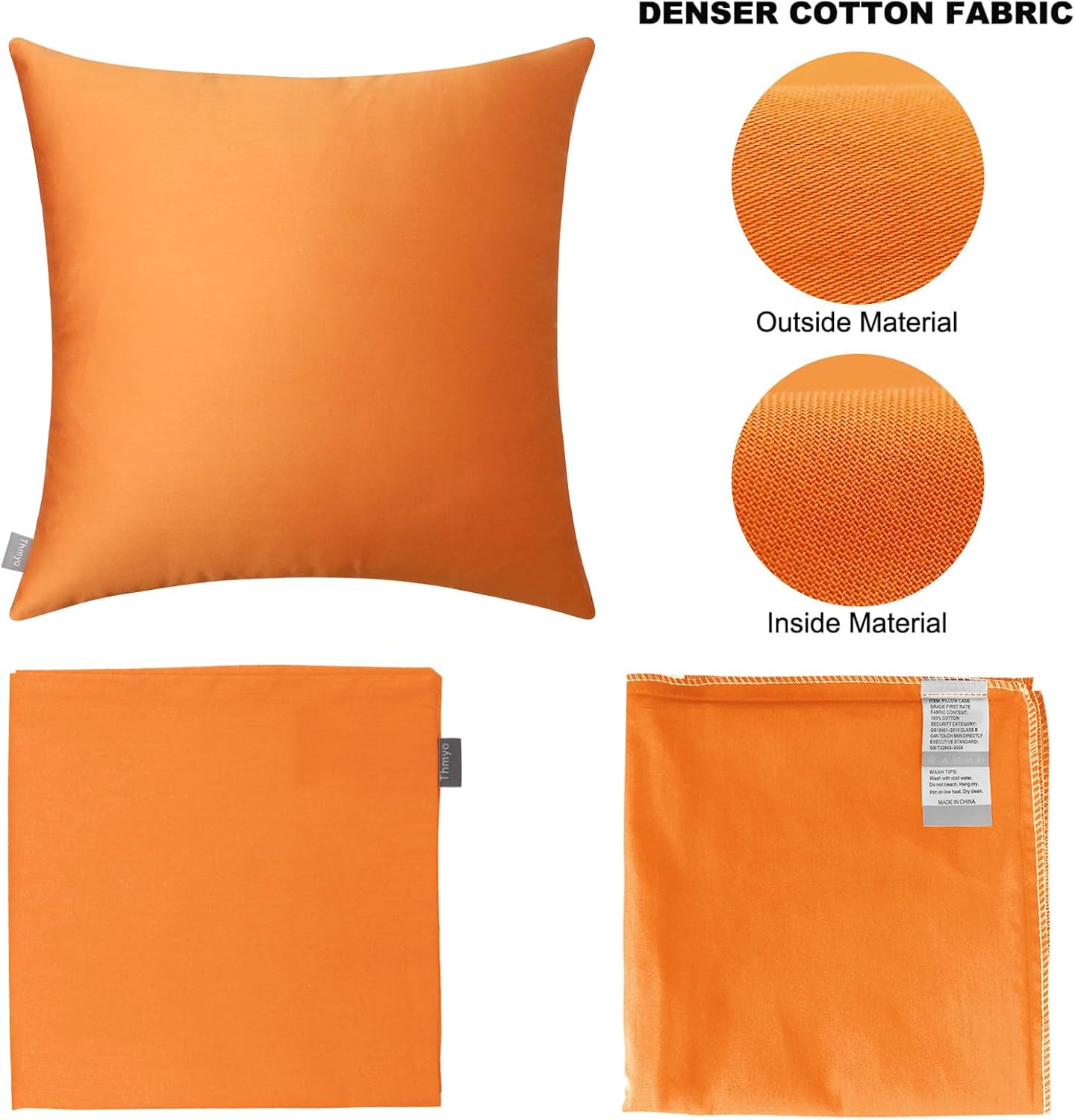 Thmyo 4-Pack 100% Cotton Comfortable Solid Decorative Throw Pillow Cases Square Cushion Cover Pillowcases Thanksgiving DIY Throw Pillow Covers for Sofa Bed Car(20x20 inch/50x50cm,Fall Orange)