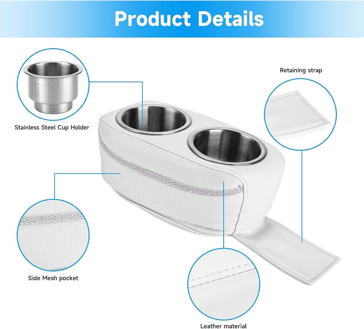 Pontoon Cup Holder, Double Drink Holder for Boat, Stainless Steel Cup Holders for Pontoon Boat, Yacht, RV,Car (White)