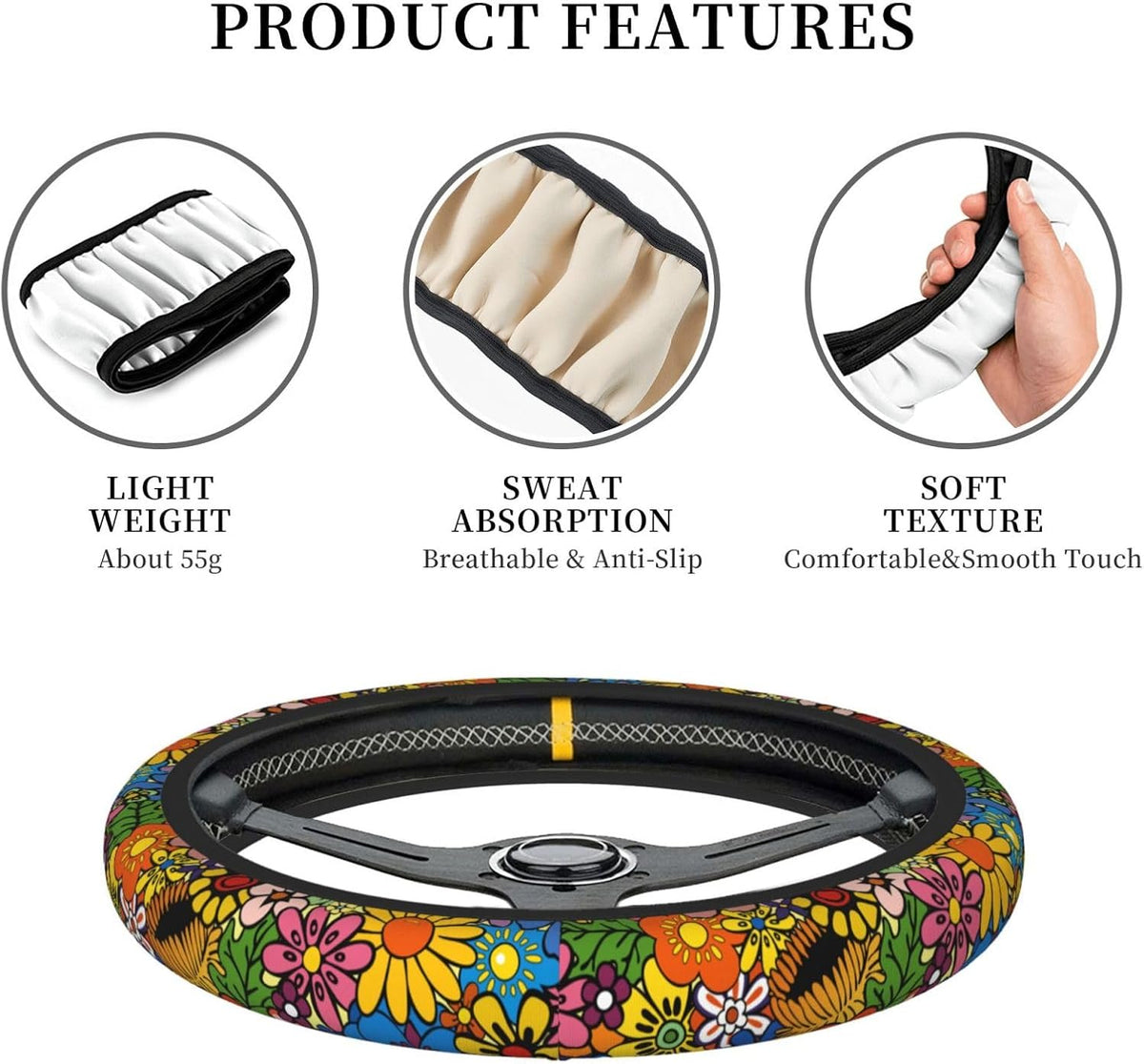 Hippie Flower Neoprene Steering Wheel Cover- 15in Car Accessories