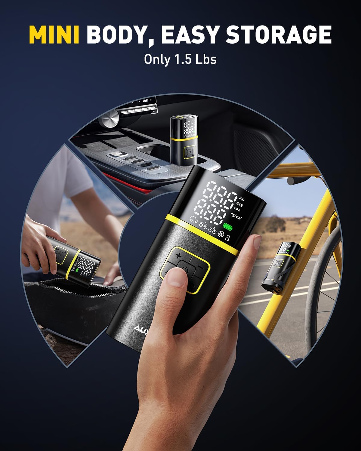 AUXITO Tire Inflator Portable Air Compressor - 150PSI Bike Pump 1Min Fast Inflate with Tire Pressure Gauge, 5200 mAh, LED Light, Car Accessories Air Pump for Auto, Moto, Bike Car Gifts for Men