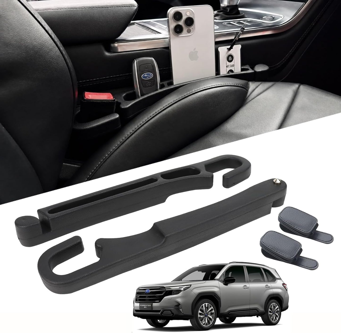 2-Pack Car Seat Gap Filler Compatible with Subaru Outback, Forester, Crosstrek, Ascent & Solterra Accessories, Seat Gap Organizer with Emergency Glass Breaker & 2 Sunglasses Holders, Black