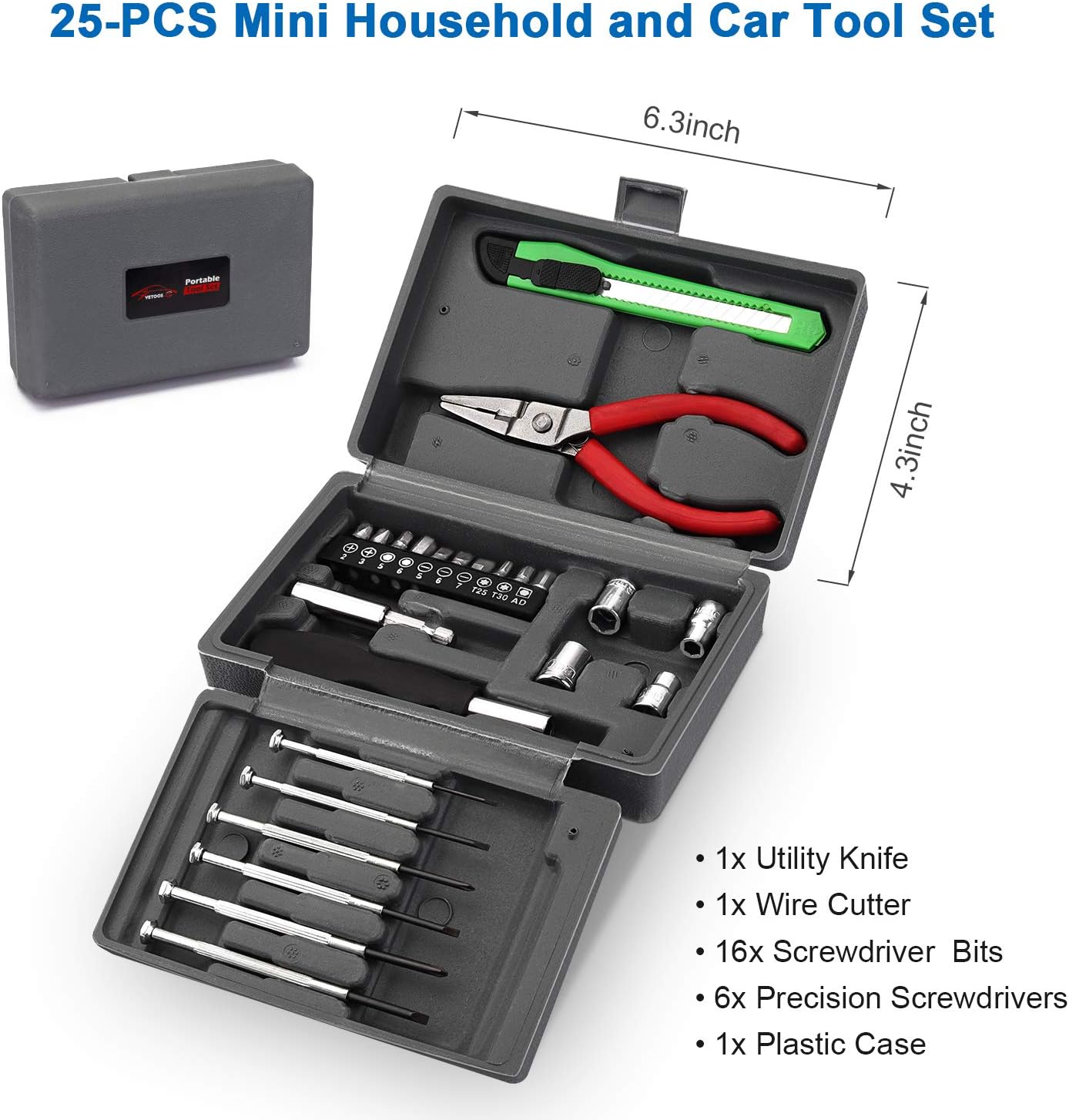 Vetoos Roadside Emergency Car Kit with Jumper Cables, Auto Vehicle Safety Road Side Assistance Kit Essentials, Winter Car Kit for Women and Men, with Mini Car Tool Set, Dial Tire Pressure Gauge