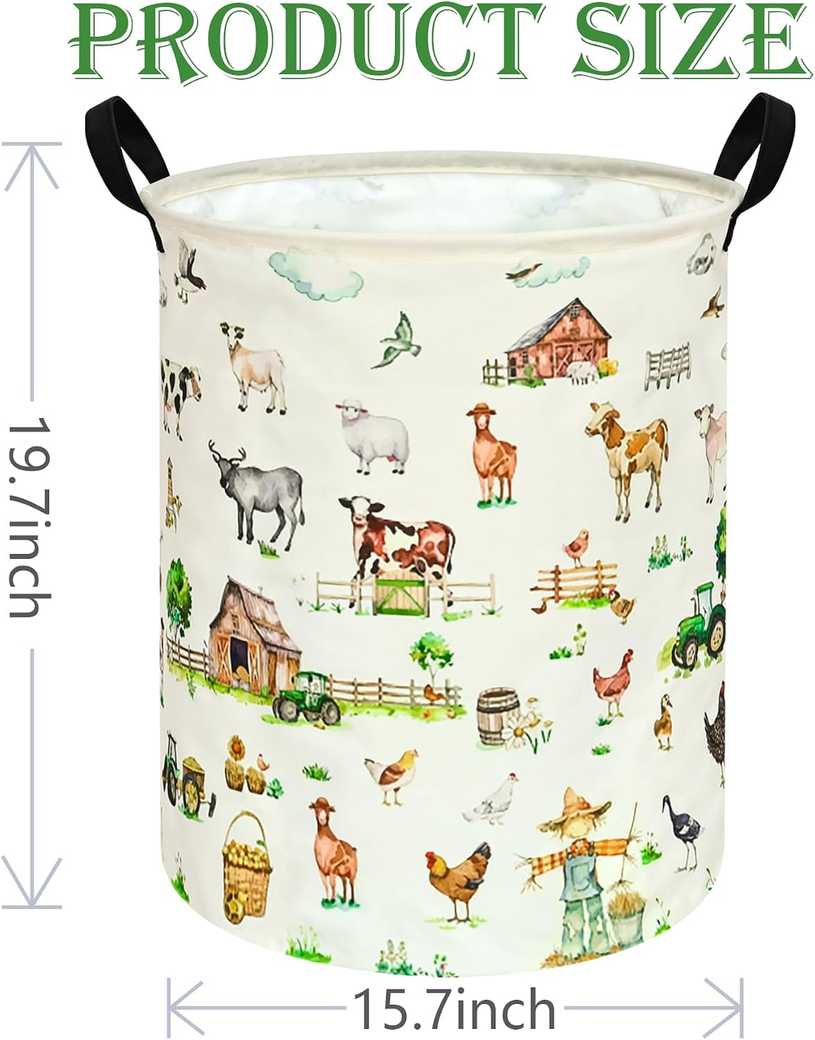 Collapsible Kids Laundry Basket Clothes Hamper, Foldable Storage Organizer Bin, Toy Clothes Storage with Handles for Boys Girls Bedroom, Room Decor Farm