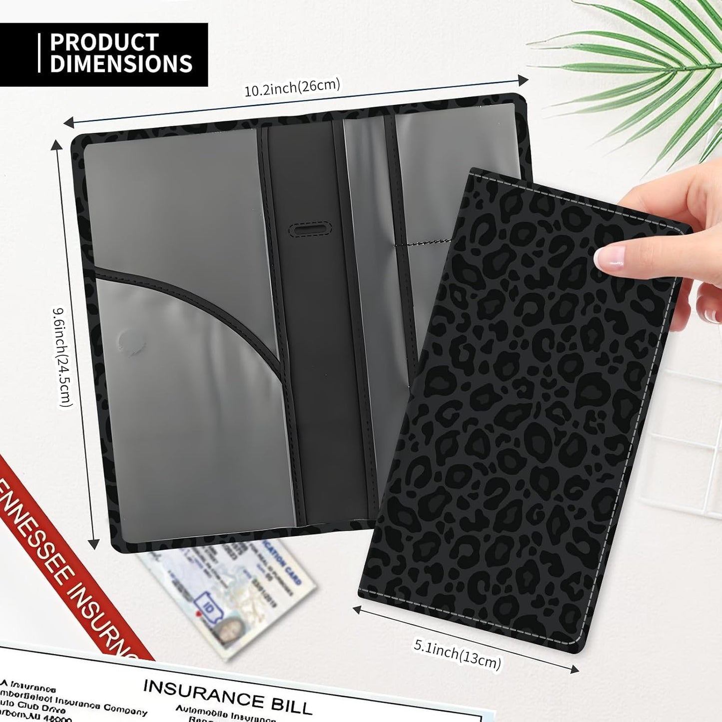 Leather Car Registration and Insurance Card Holder, Cute Car Accessories Vehicle Glove Box Car Organizer for Documents, Cards, License Luxury Black Leopard