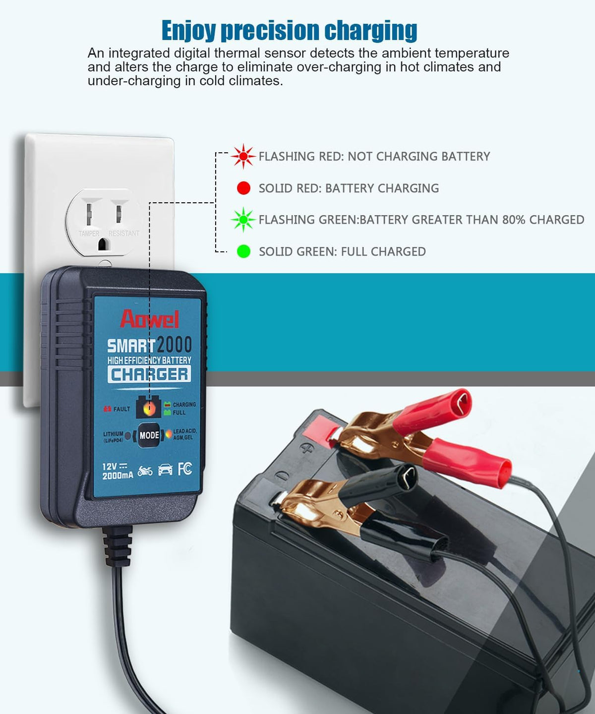 Aowel 2A 12V Smart Battery Charger, Trickle Charger & Maintainer for Car, Motorcycle, ATVs and More