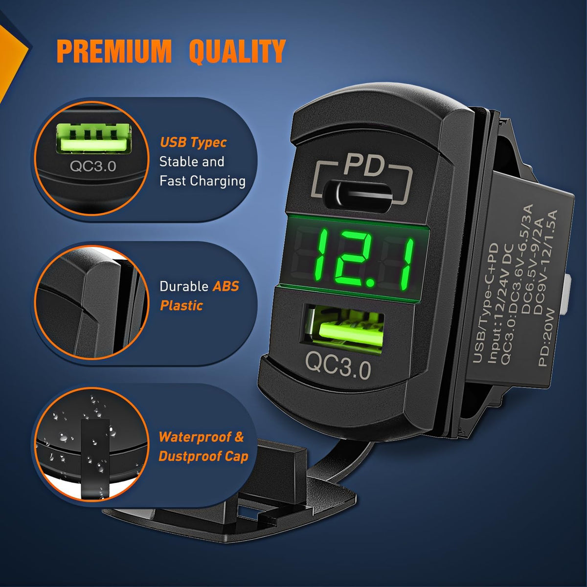 Nilight Rocker Switch Style PD Type C and USB Outlet LED Voltmeter