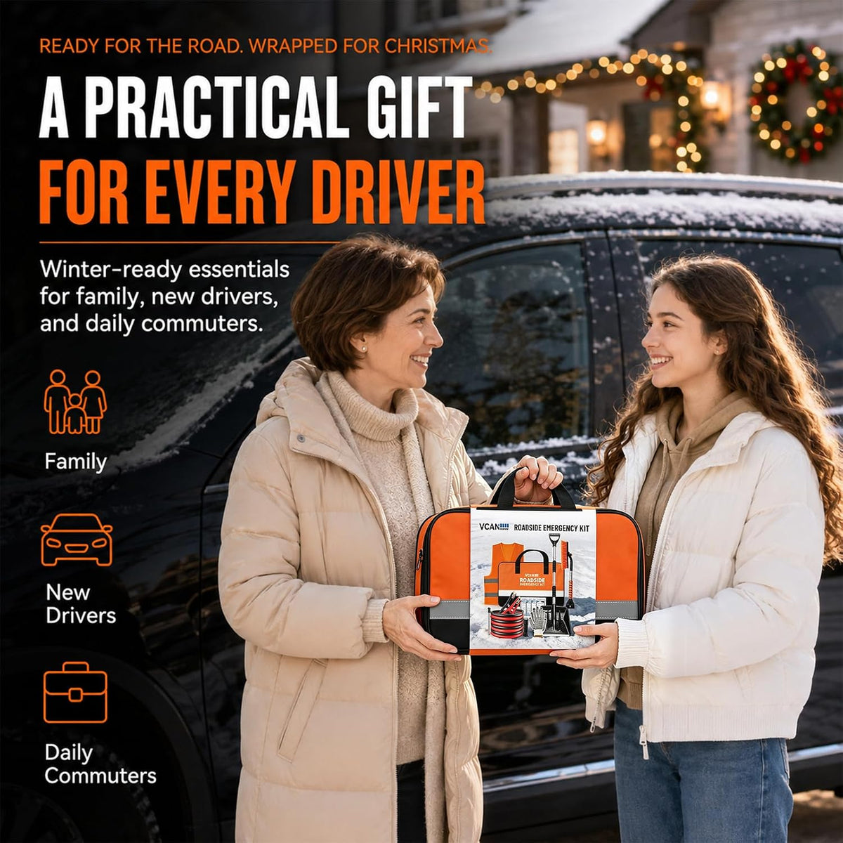 Winter Car Emergency Safety Kit Bag with Jumper Cables, Snow Shovel for Car
