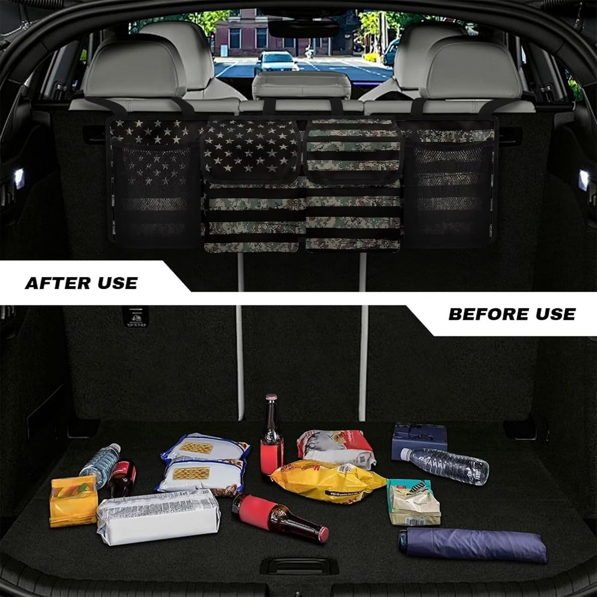 Patriotic Car Backseat Trunk Hanging Organizer for Men Suv Trunk Organizer Green Camo American Flag Cargo Storage Bag,4 Compartments