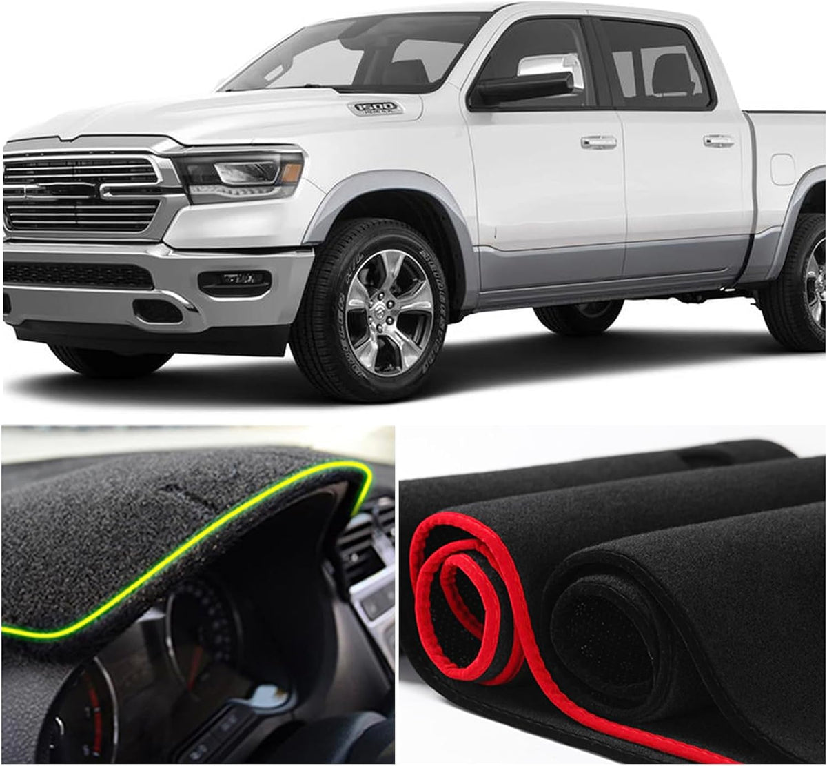 Dash Mat Cover Custom Interior Center Console Compatible with Dodge Ram Big Horn Laramie 1500 2500 3500 Pickup 2019 2020 Dashboard mat Covers Accessories (Red Rim)