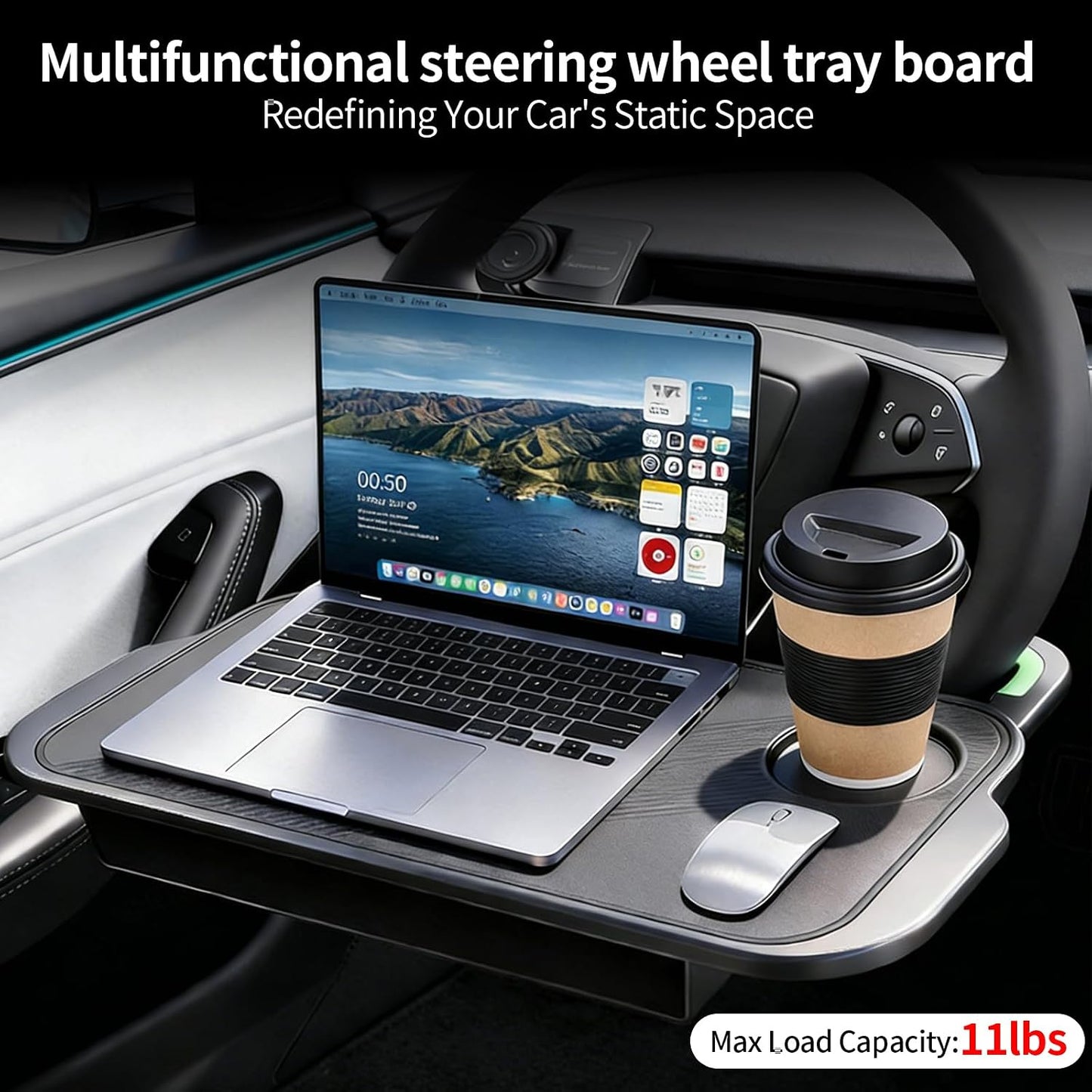 Car Steering Wheel Desk, 2-in-1 Steering Wheel Table &amp; Storage Tray with Cup Holder,ar Seat Gap Filler Organizer, for Standard Round Steering Wheels (Black)