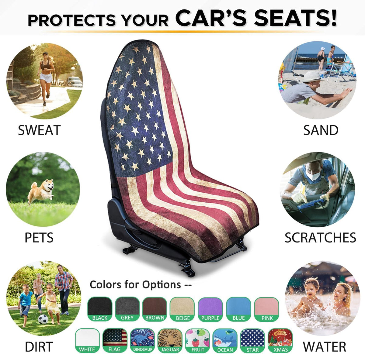 Waterproof Sweating Car Seat Cover for Post Gym Workout, Running, Swimming, Beach and Hiking, Universal Fit Non-Slip Bucket Seat Protector for Cars SUV Trucks, Machine Washable (Flag)