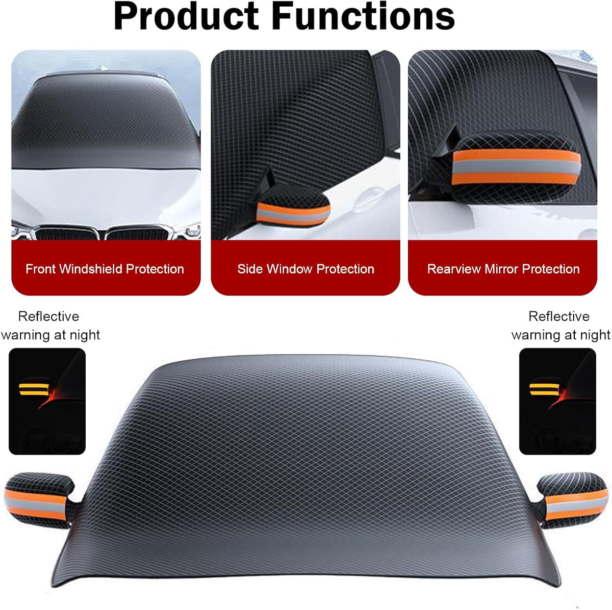 Windshield Snow Protector, Reflective Strips Heat Insulation Windshield Sun Shade Visor, All-Season Auto Front Glass Sun & Frost Shield, Universal for Most Cars (Black)