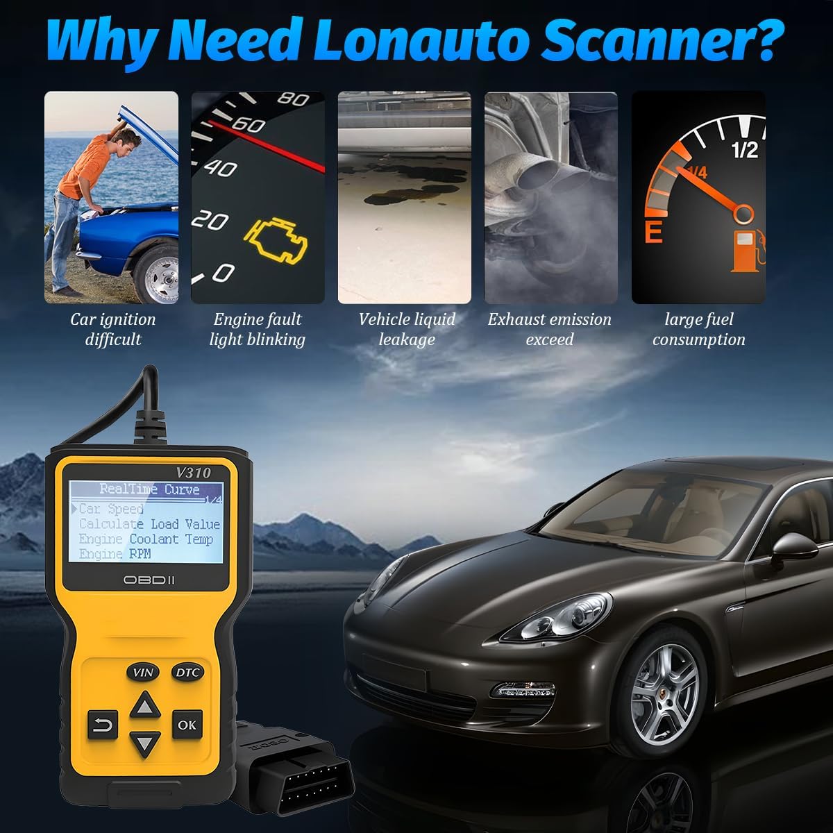 OBD2 Car Scanner Diagnostic Tool, Vehicle Engine Fault Code Reader CAN Diagnostic Scan Tool, Check Automotive Engine Light Emission Monitor Status, Universal for SUV RV Truck
