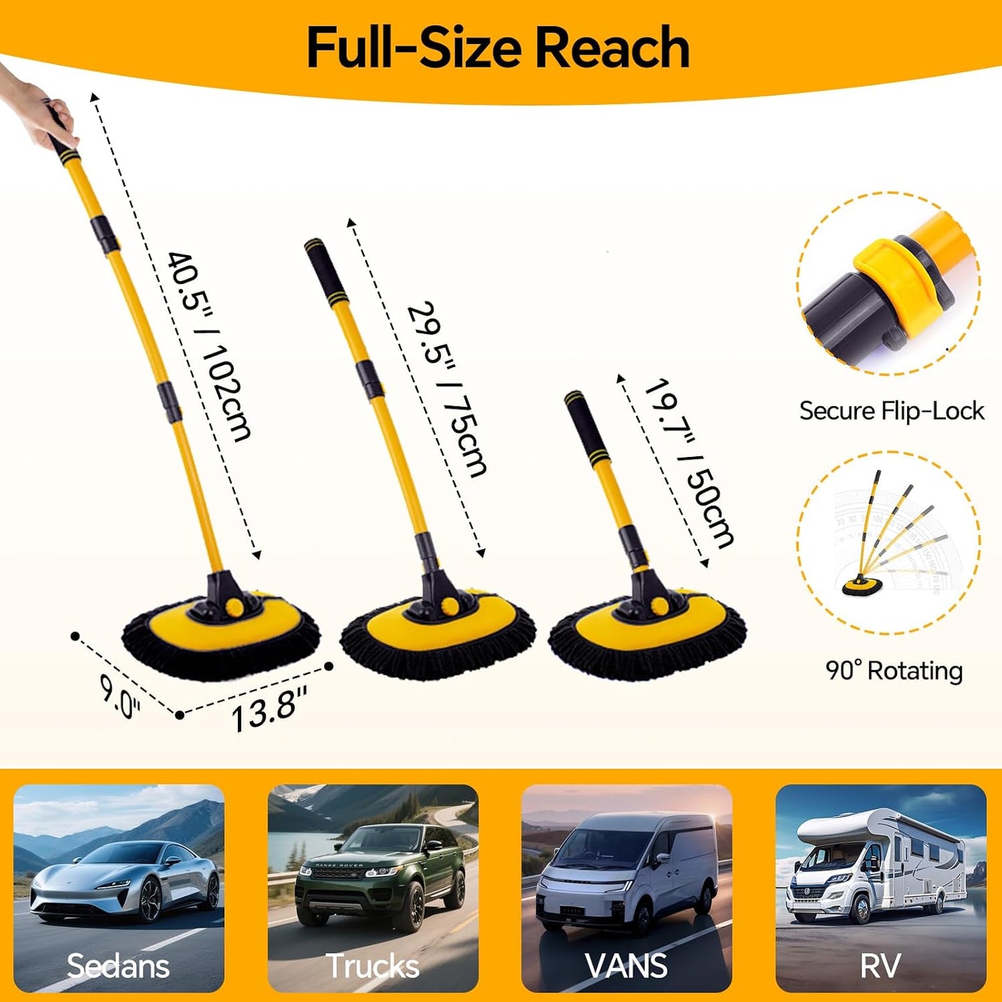 7-in-1 Car Wash Kit with 20L Folding Bucket & Brush – Car Wash Mop with Long Handle, 15° Curved Aluminum Pole for SUV Roof, Car Washing Brushes & Cleaning Supplies, RVs-Yellow.