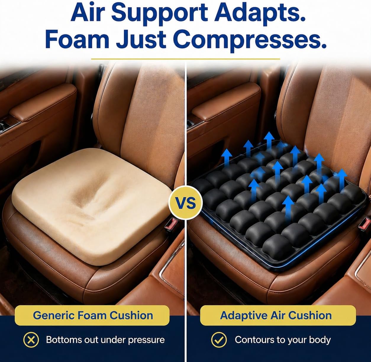 Car Seat Cushion for Long Drives, Seat Cushion for Car, Inflatable Car Seat Cushions for Driving, Adjustable Truck Driver Seat Pad for Auto, SUV, Office Chair, Built-in Pump, Black