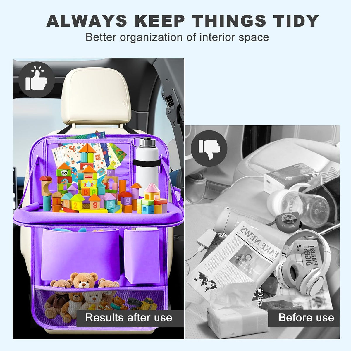 2 Pack Car Backseat Organizer with Foldable Table Tray Purple