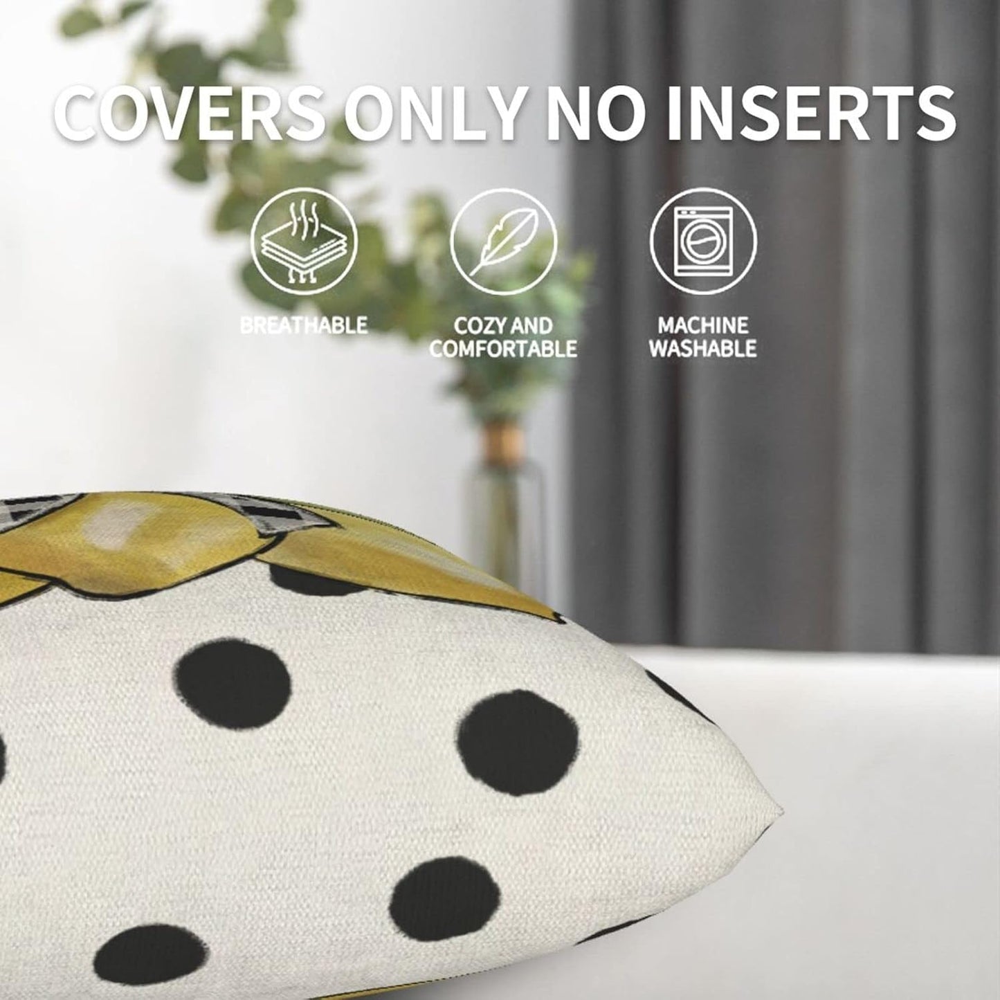 Summer Pillow Covers 18x18 Set of 2, Yellow Lemons Polka Dots Decorative Throw Pillow Cases Watercolor Summer Seasonal Linen Decorations for Home Bed Car Spring Decor