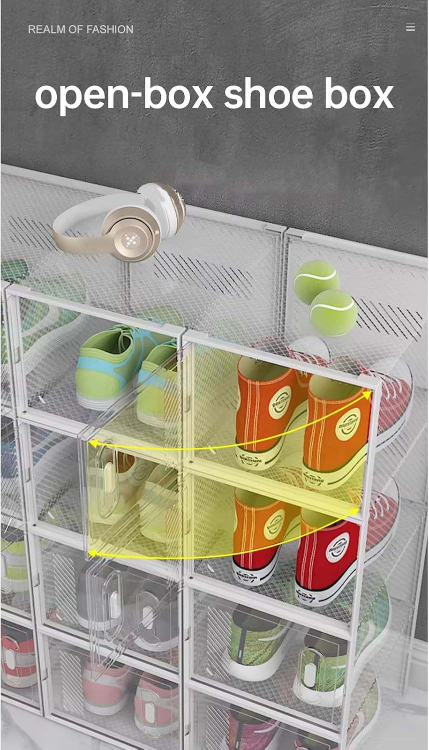 6-Pack Clear Plastic Stackable Shoe Storage Boxes for Sneakers, Boots, for Entryway, Living Room, Bedroom, Garage, Car Trunk, as Shoe Rack Substitute and Display Case for Small Space Organization