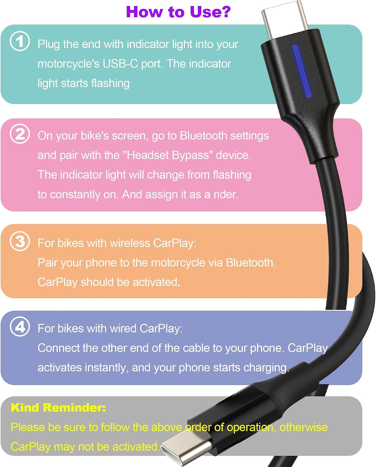 2-in-1 C to C Bypass Motorcycle CarPlay Bluetooth Headset Cable