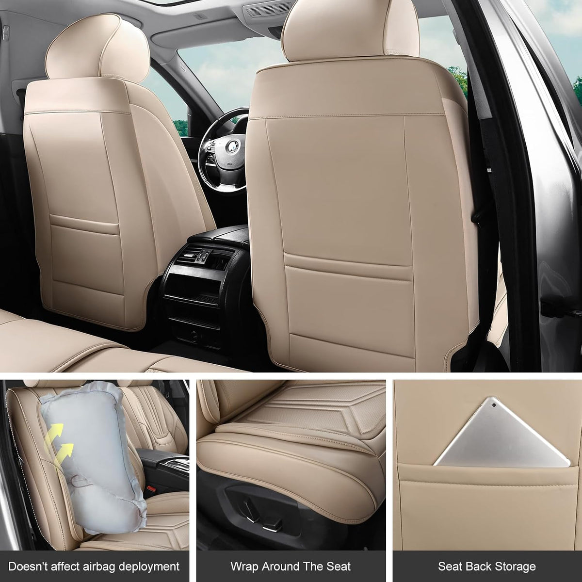 Car Seat Covers Front Seat Beige, Leather seat covers, Universal Fit, 2Pcs