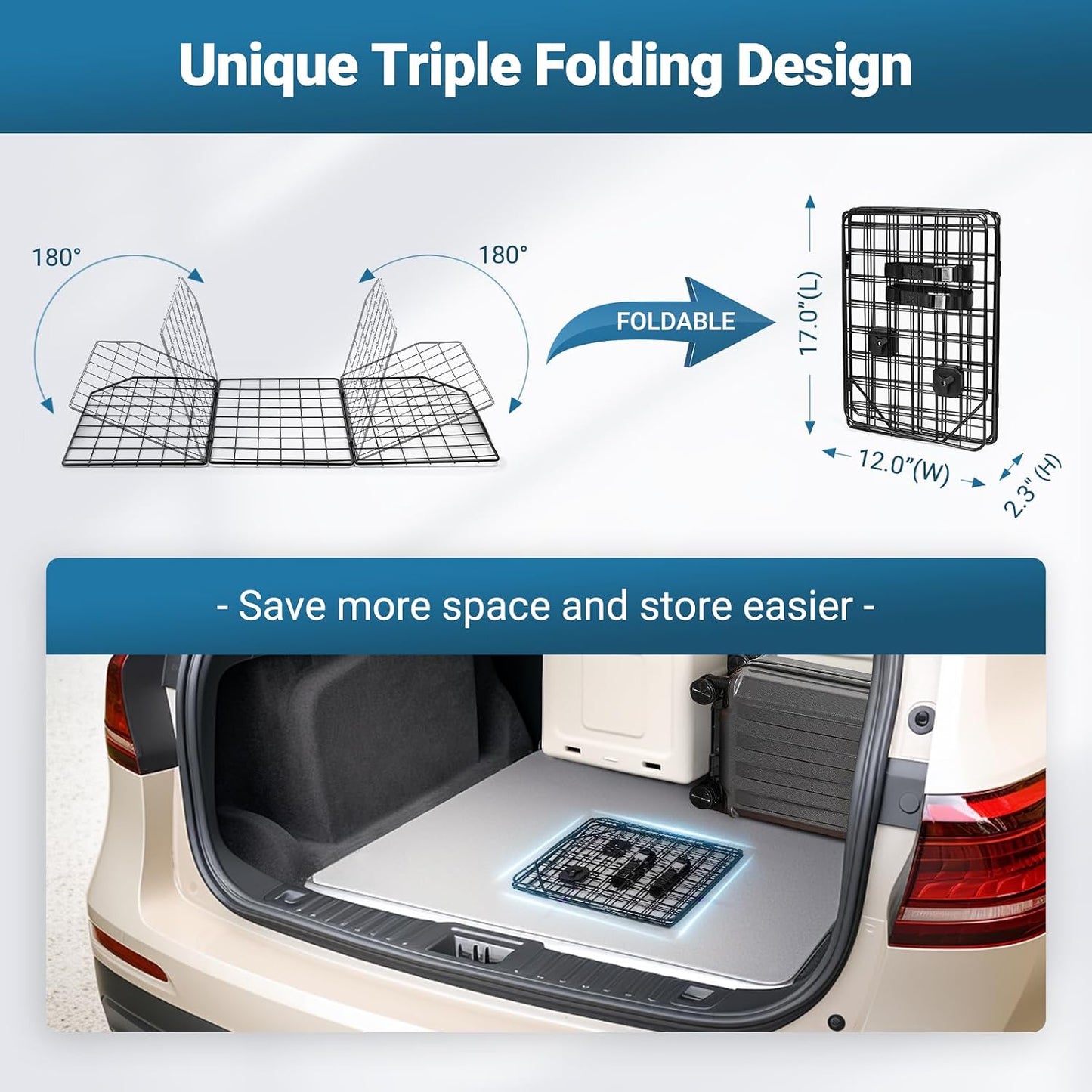 rabbitgoo Dog Car Barrier for SUVs, Adjustable Large Pet Gate, Universal-Fit Divider Cargo Net, Heavy-Duty Wire Mesh Dog Barrier SUV, Van Vehicles Subaru Car Accessories Safety Travel, Triple Folding