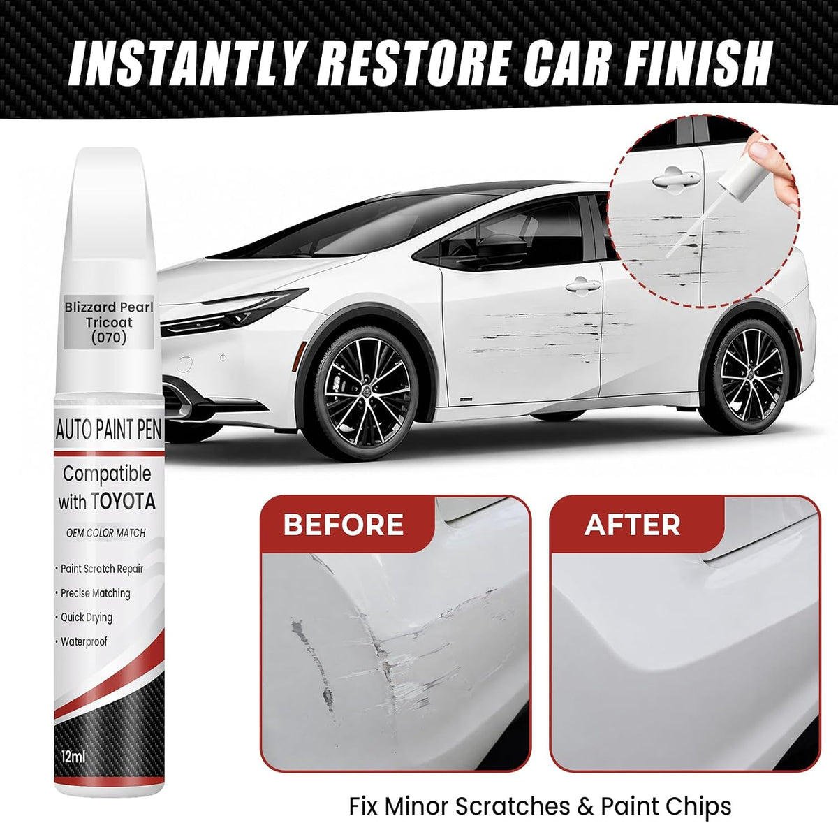 Blizzard Pearl Tricoat(070) Touch Up Paint for Toyota, 0.4 fl oz OEM Color Match Professional Grade Car Paint Scratch Remover for Avalon/RAV4/Camry/Corolla/Highlander/Prius/Sequoia/Sienna