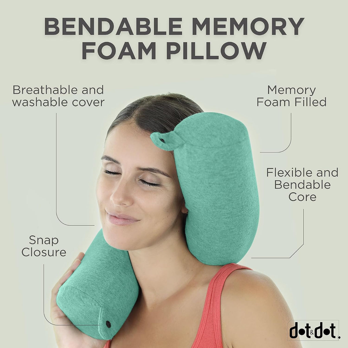 Dot&Dot Twist Memory Foam Travel Pillow, Bendable Neck Pillow for Airplane, Car and Home, 26-Inch Adjustable Roll with Washable Cotton Cover, Green