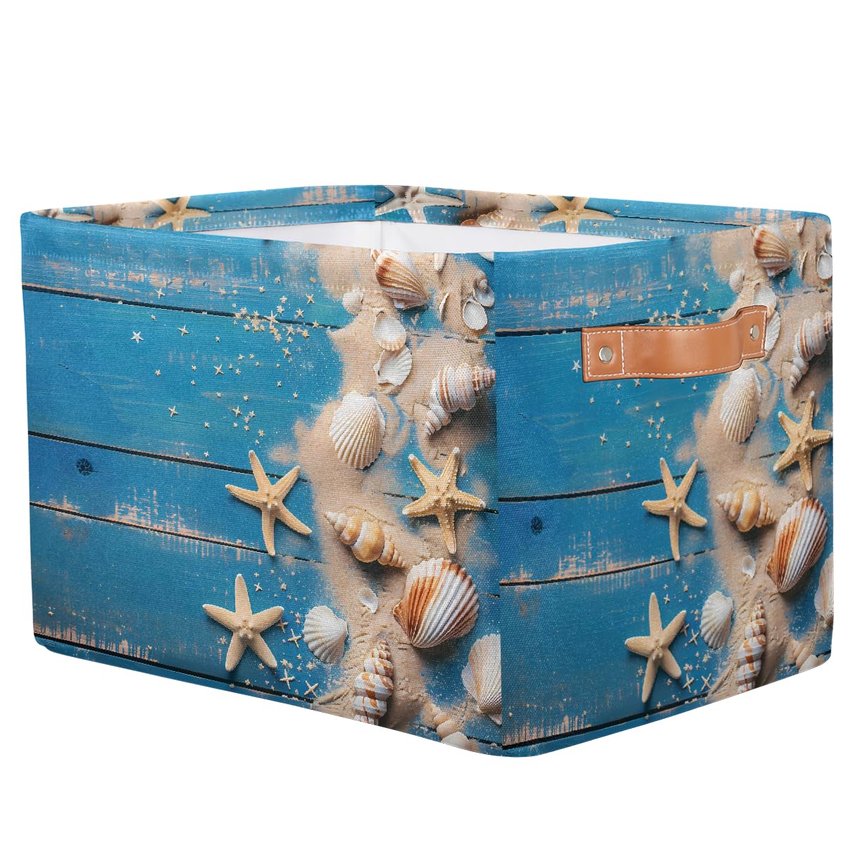 Blue Wooden Board Storage Baskets for Organizing, Fabric Collapsible Storage Bins Box Seashells Decorative Toy Organizer Baskets for Closet Shelves Gift Basket 1 Pc