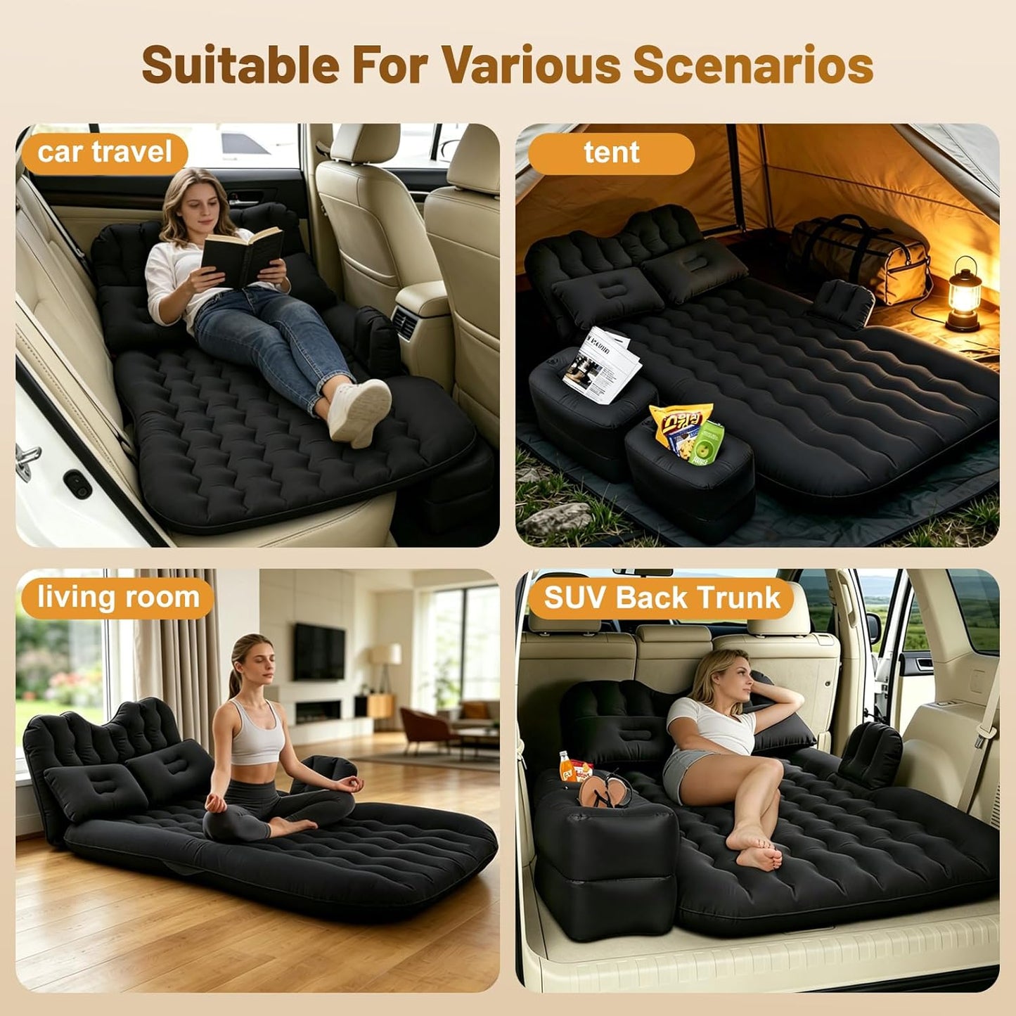 Onirii Inflatable Car SUV Air Mattress Back Seat Bed | Portable Thickened Car Travel Camping Sleeping Air Mattress Blow Up Bed with Air Pump for Car Universal SUV