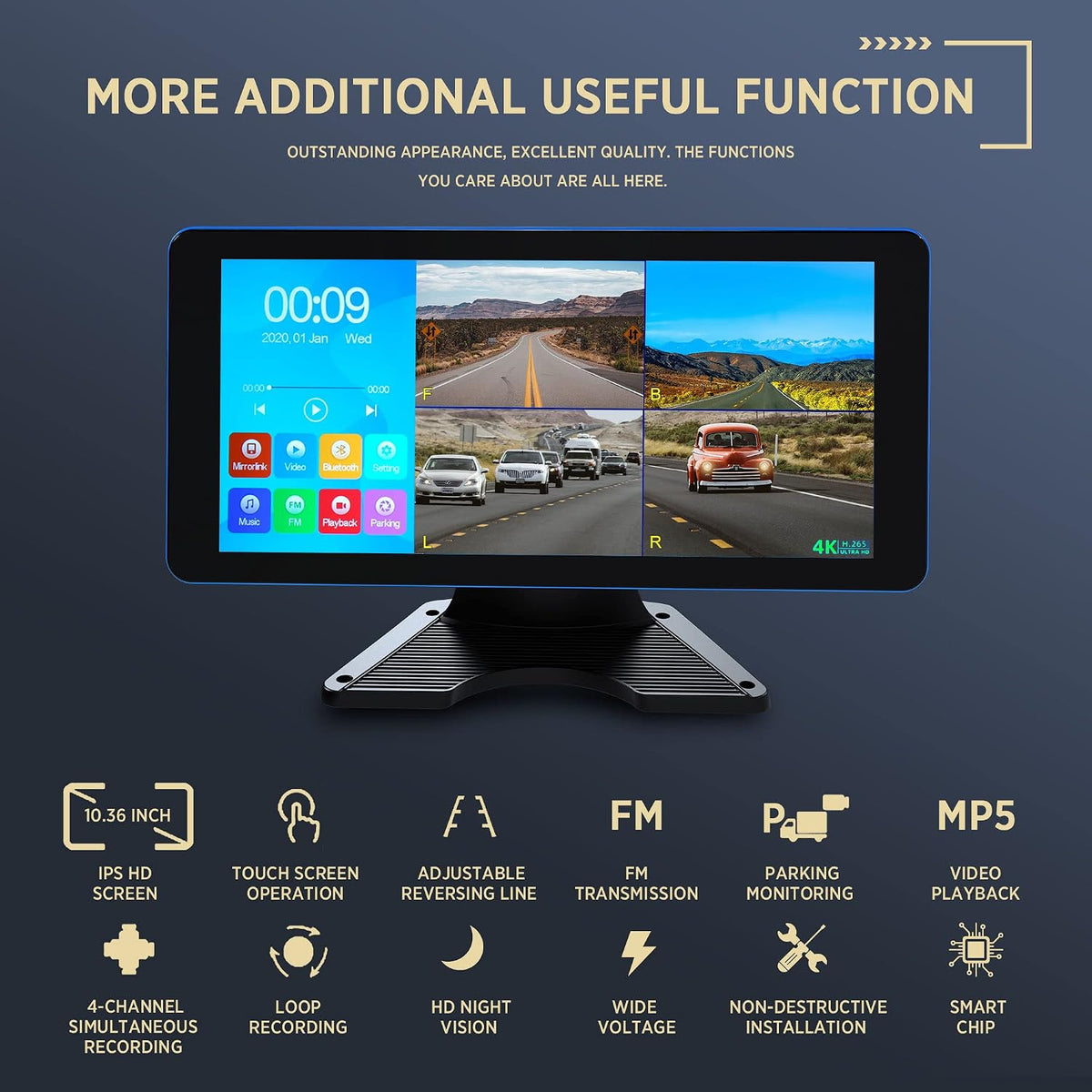 ASLONG 4K Backup Camera 4CH Dash Cam with 10.36" Quad Split Touch Screen