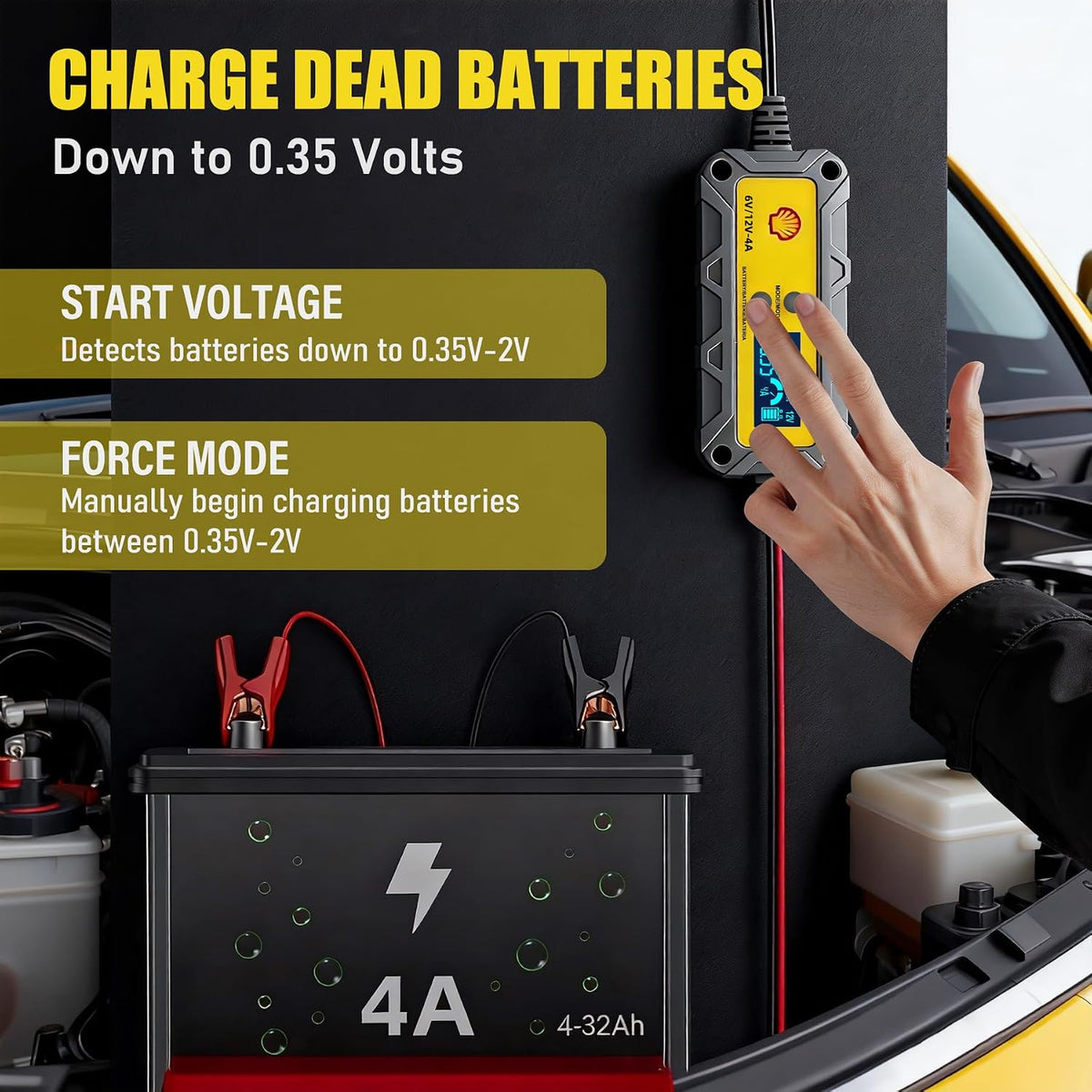 Shell Car Battery Charger 6V/12V- Smart Battery Charger 4A/1A with LCD Display, Automatic Lithium & Lead-Acid Trickle Charger Maintainer & Desulfator for Car Motorcycle Lawn Mower Boat Deep Cycle