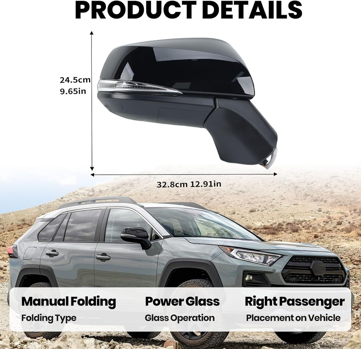 Right Passenger Side Mirror Compatible with Toyota RAV4 2019 2020 2021 2022 2023 2024 Power Heated Turn Signal Blind Spot Door Rear View Mirrors 8 Pins Black