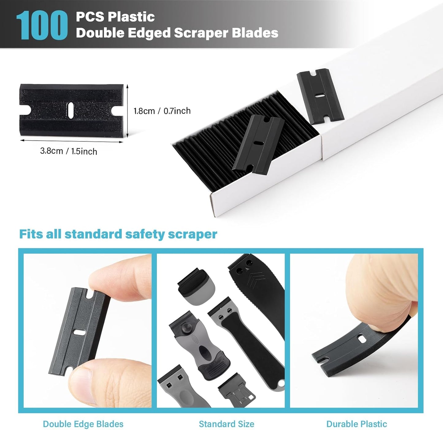 Gomake Plastic Razor Blade Scraper Tool with Blade Container 2PCS Razor Scraper with Extra 100PCS Plastic Blades for Adhesive Labels and Decals Sticker Removal on Car Window Glass Floor (W80)