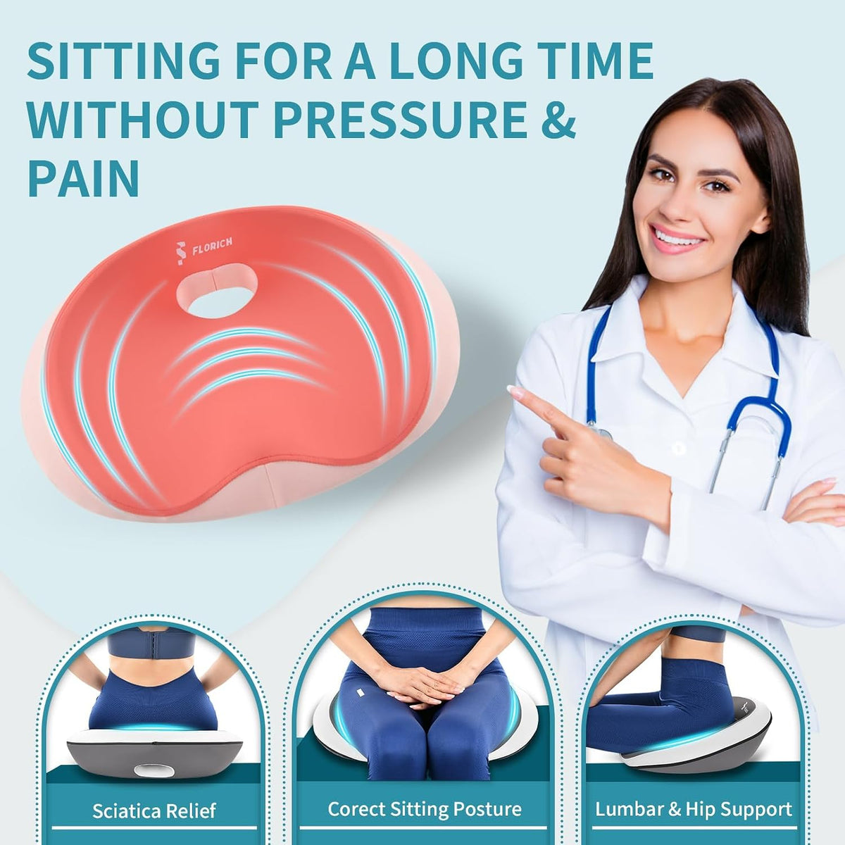 FLORICH Seat Cushion and Lumbar Support Pillow for Office Chair Car Neck Headrest Pillow Memory Foam Seat Pads Pressure Relief Back Cushion and Carseat Pads(Purple Pink)