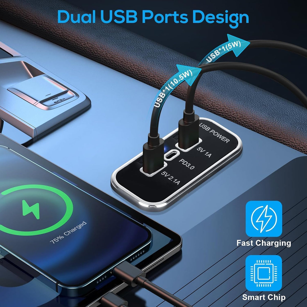 Linkstyle 12V USB Outlet, Dual USB A & 18W USB C Fast Charger Socket Panel with LED Light Flush Mount for Car Marine RV Truck