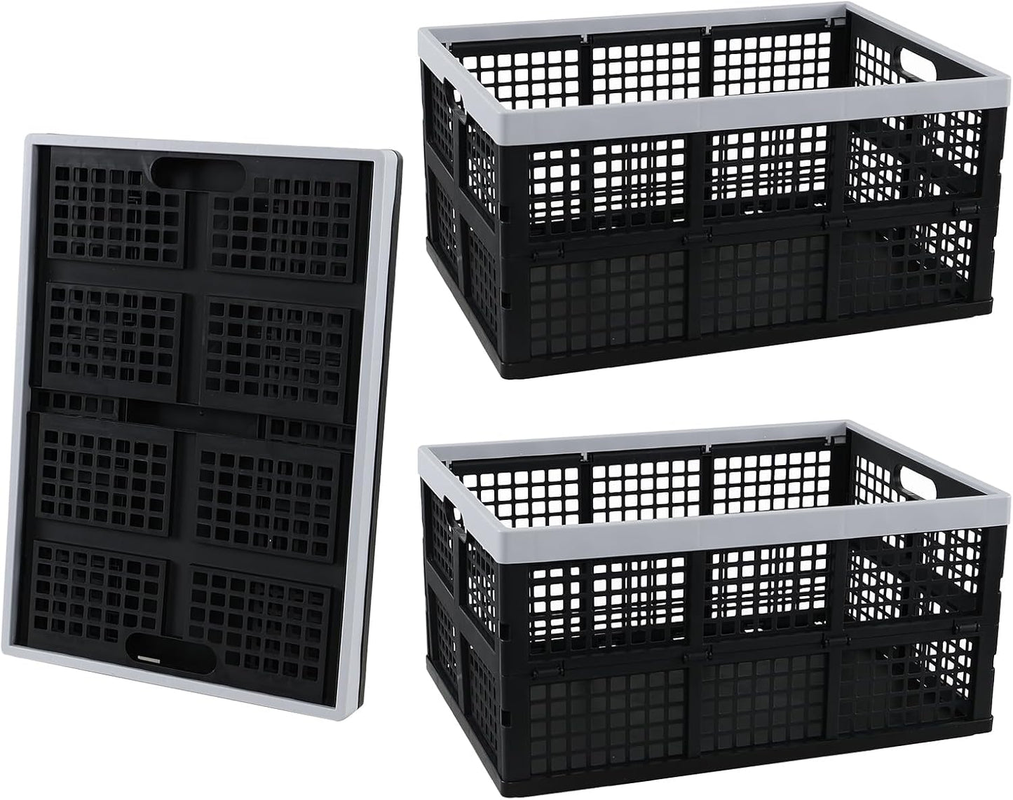 3-Pack Plastic Crates, 42L Foldable Baskets, Collapsible Crates | Stackable Storage Container, Baskets and Bins for Organizing Tools, Books, Food, Drinks, Camping, Shopping & Transport