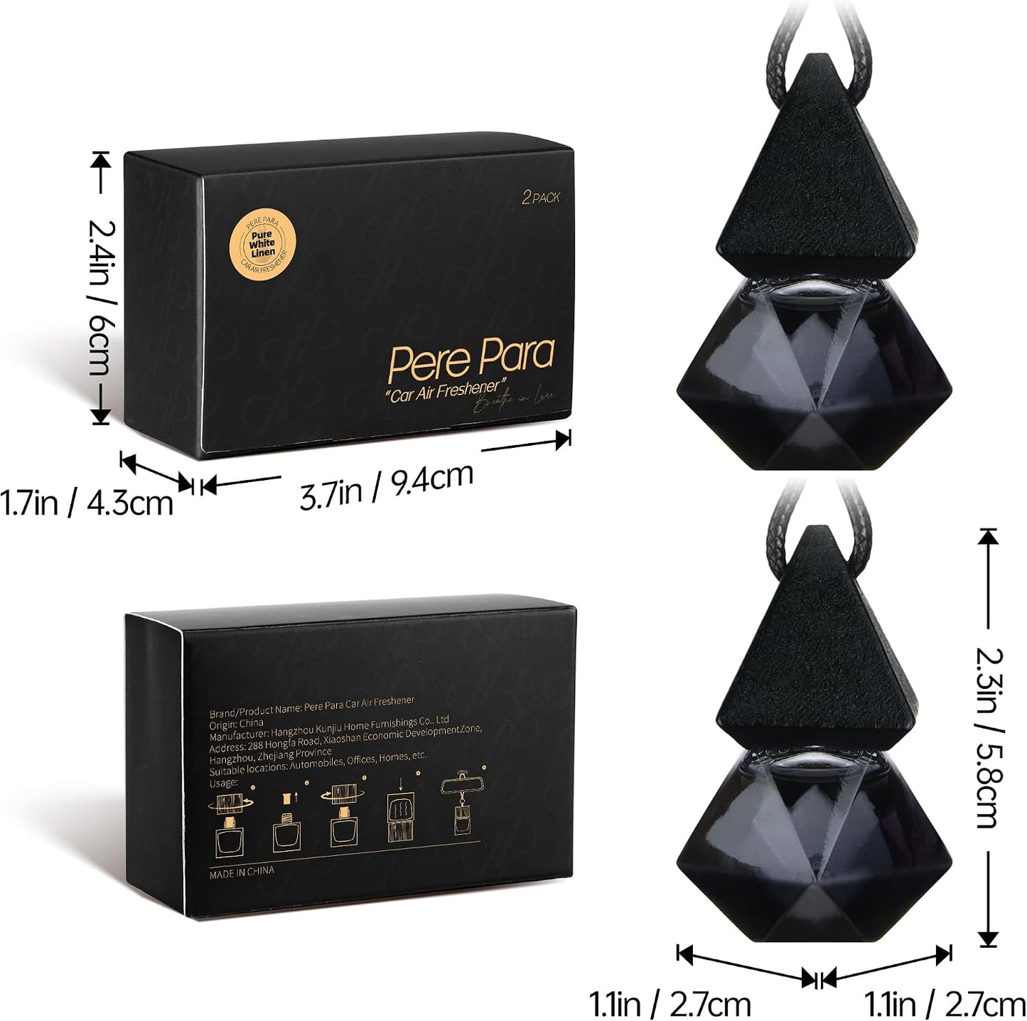 Luxury Perfume Scented Car Air Freshener - Hanging Essential Oil Diffuser with 90-Day Long-Lasting Fragrance, Premium Gift for Women(Pure white linen Scent, 2 x 8ml)