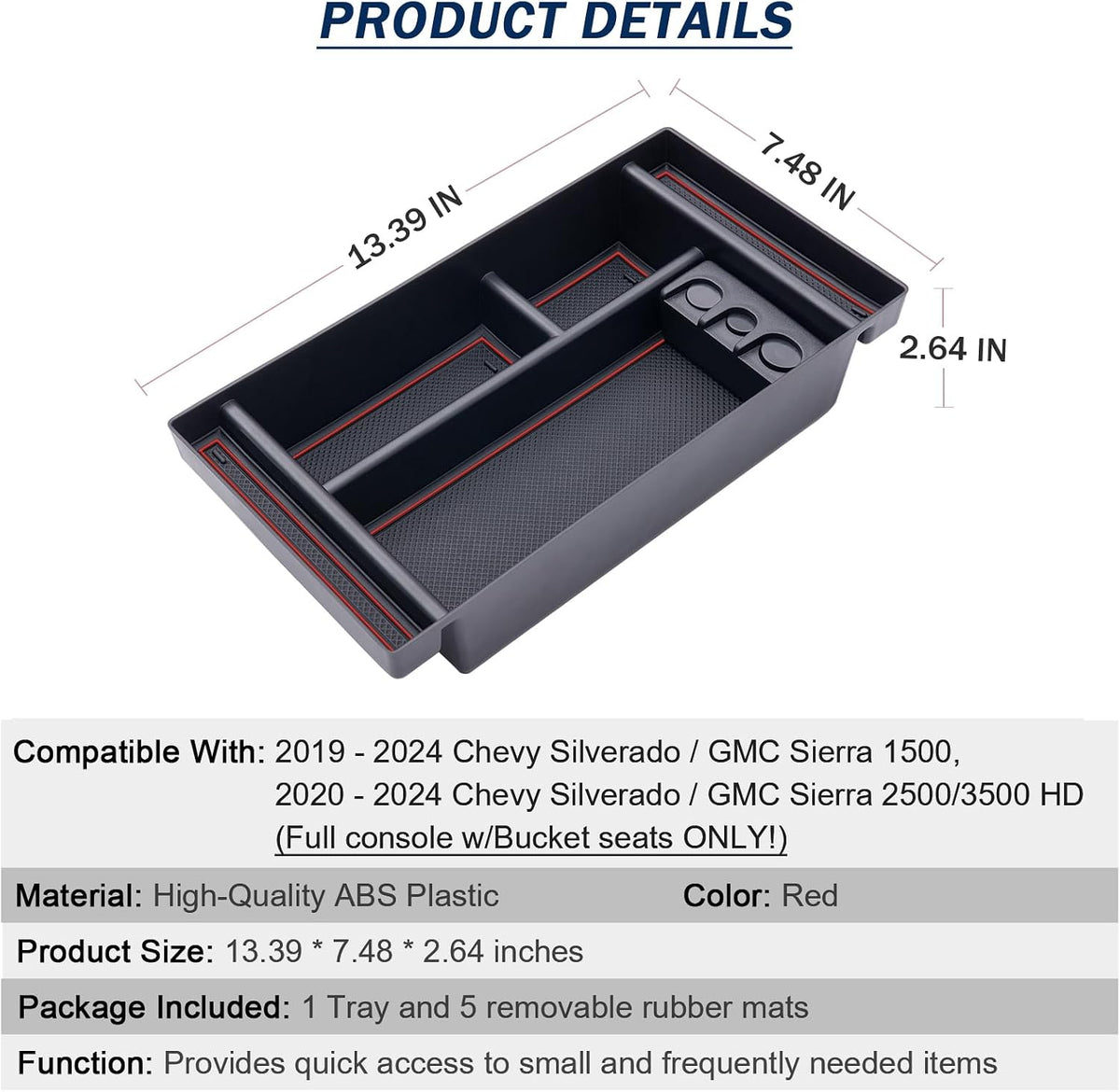 TOPINSTALL Red Center Console Tray Compatible with 2019-2022 Chevy Silverado/GMC Sierra 1500 and 2020-2023 Silverado/Sierra 2500HD/3500HD Accessories (Full Console w/Bucket Seats ONLY)