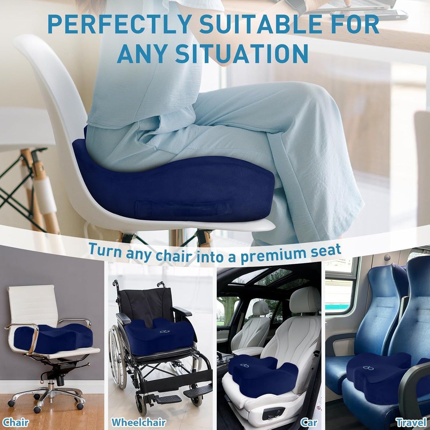 BlissTrends Extra Thick Seat Cushion for Office Chair & Car Seat, Blue | Tailbone & Sciatica Relief, Ergonomic Support, High-Density Memory Foam, Comfort for Extended Sitting