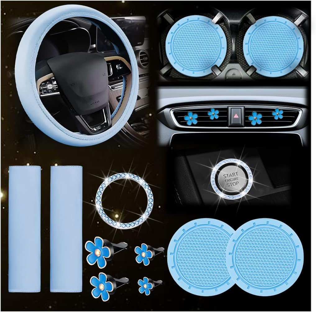 10PCS Car Accessories Set, Vehicle Steering Wheel Cover Seatbelt Protector Cup Holder Coaster Push Start Button Cover Flower Auto Air Vent Clip, Universal for SUV, Truck, RV (Blue)
