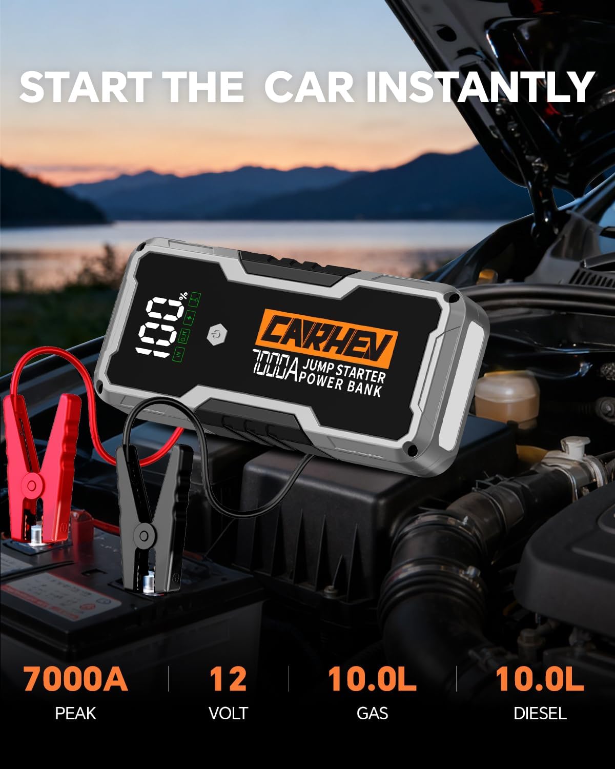 CARHEV 7000A Car Battery Jump Starter, Car Jumper Starter Portable for Up to 10L Gas or Diesel Engines, 12V Jump Box with USB Output, Jumper Cables, LED Light