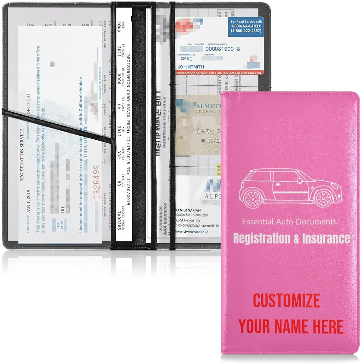 Custom Car Registration and Insurance Card Holder Personalized Leather Glove Box Organize Men Women Wallet Accessories Case for Cards, Essential Document Driver License Hot Pink