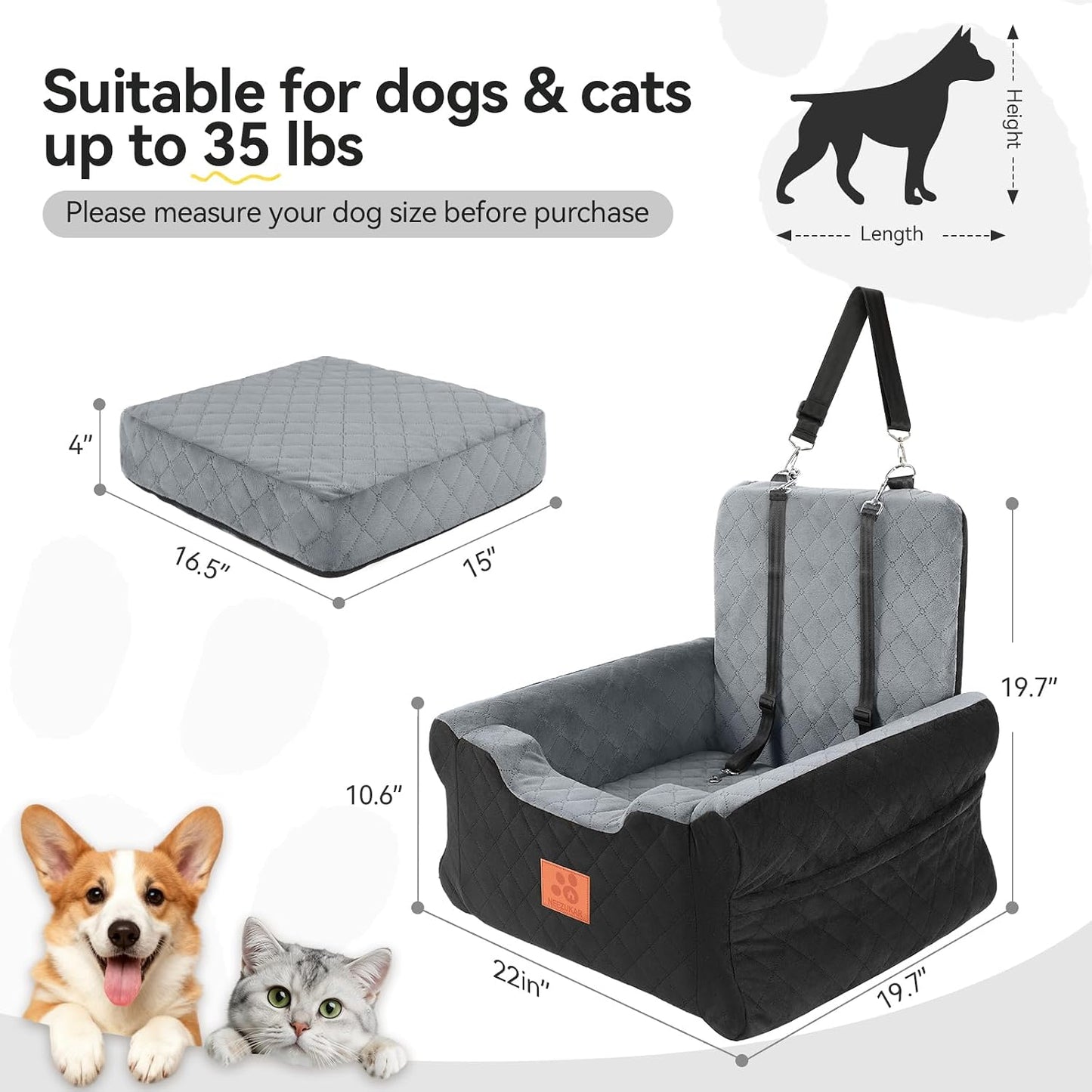NEEZUKAR Dog Car Seats for Small/Medium Dogs, Elevated Memory Foam Dog Booster Seat, Detachable Washable Pet Car Seat with Safety Belts & Storage Pockets (Black-Gray)