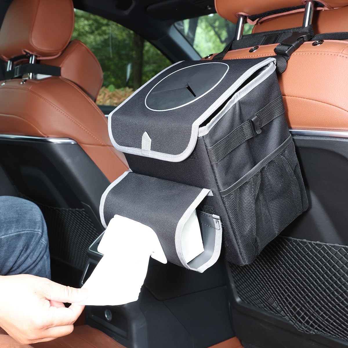 upra Car Trash Can with Lid,Bag Hanging Storage Pockets,Adjustable Tissue Holder & Straps,Portable Waterproof Garbage Bin, 1.98 Gal Large Capacity Multipurpose Bin