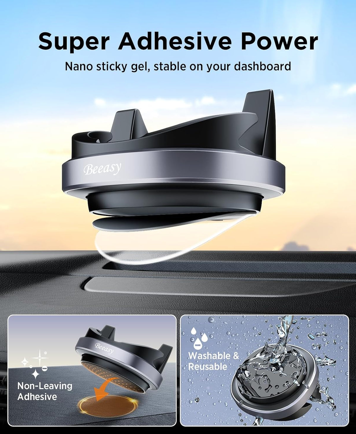Beeasy Car Phone Holder Mount, 360° Rotation Dashboard Phone Holder, Washable Nano Gel & Silicone Anti-Slip Car Mount for iPhone 17/16/15/14, Samsung, Google Pixel, All Smartphones & GPS